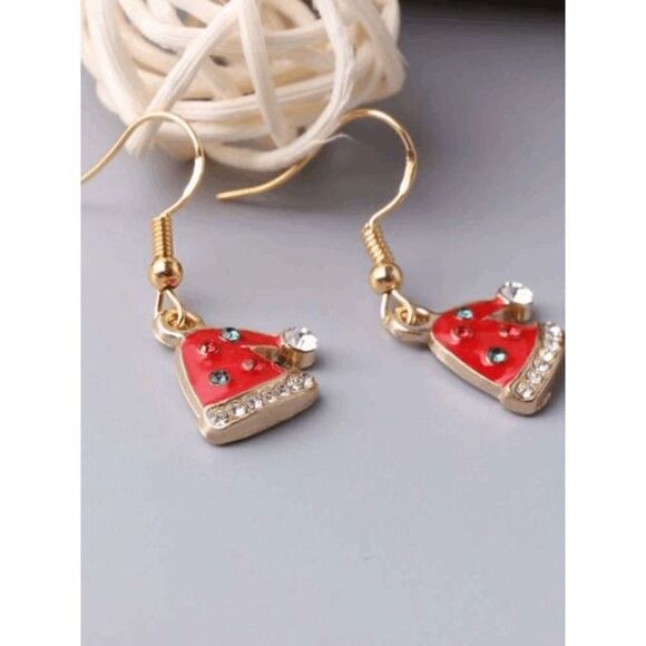 GOLD DIAMOND RED CHRISTMAS SANTA HAT DANGLE EARRINGS - Picture 3 of 6